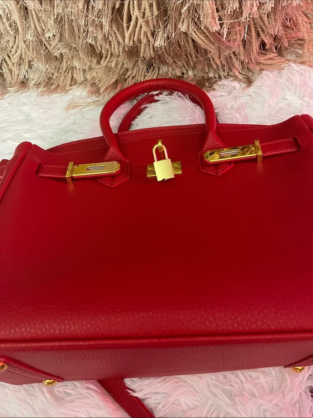 Red Women's Structured Satchel Handbag with Gold Hardware